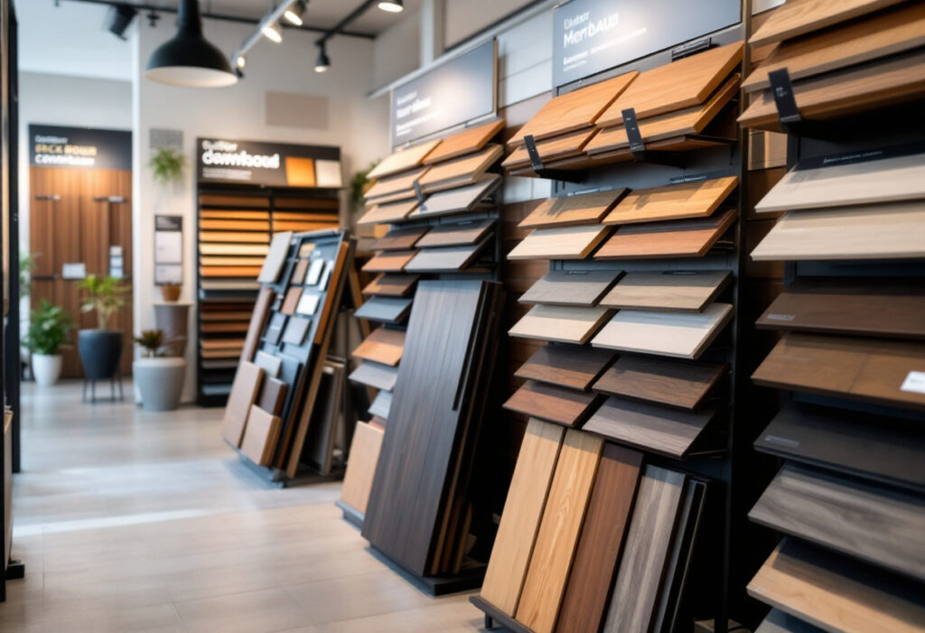 picking a decking option in the showroom